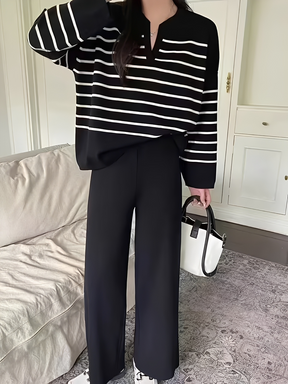 Conjunto em Tricô com Suéter Oversized Listrado e Calça Wide Leg - Caroline