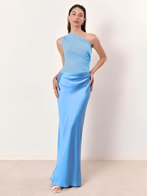 Vestido Longo Acinturado Acetinado Decote Diagonal e Ombro Único – Mirela [FRETE FULL]