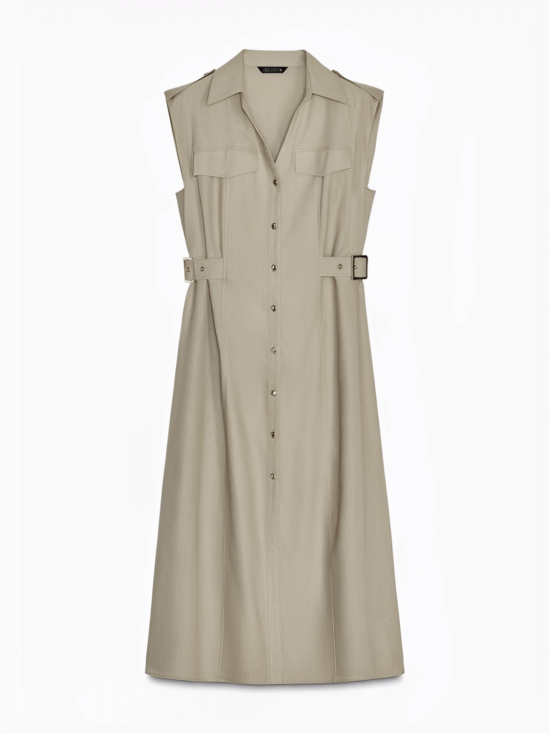 Vestido Midi Chemise Sem Mangas com Botões Dourados e Fivelas – Melina