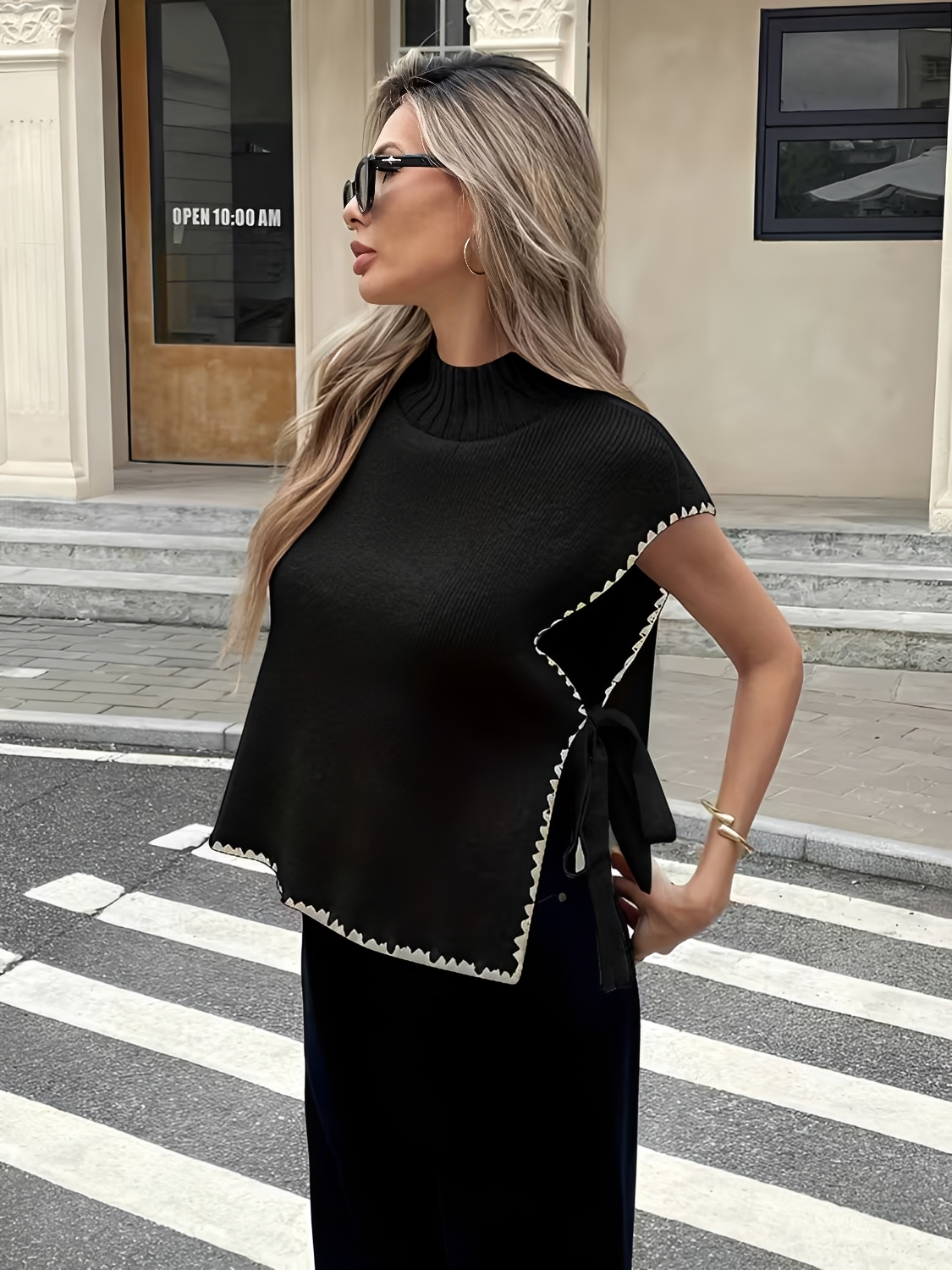 Colete em Tricô Oversized com Gola Alta e Amarração Lateral - Callie