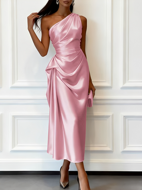 Vestido Midi Acetinado Acinturado com Decote Assimétrico e Drapeado Elegante - Penelope