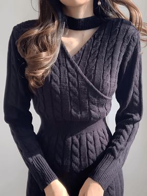 Vestido Midi em Tricô Texturizado com Decote 2 em 1 e Manga Longa – Genebra [FRETE FULL]