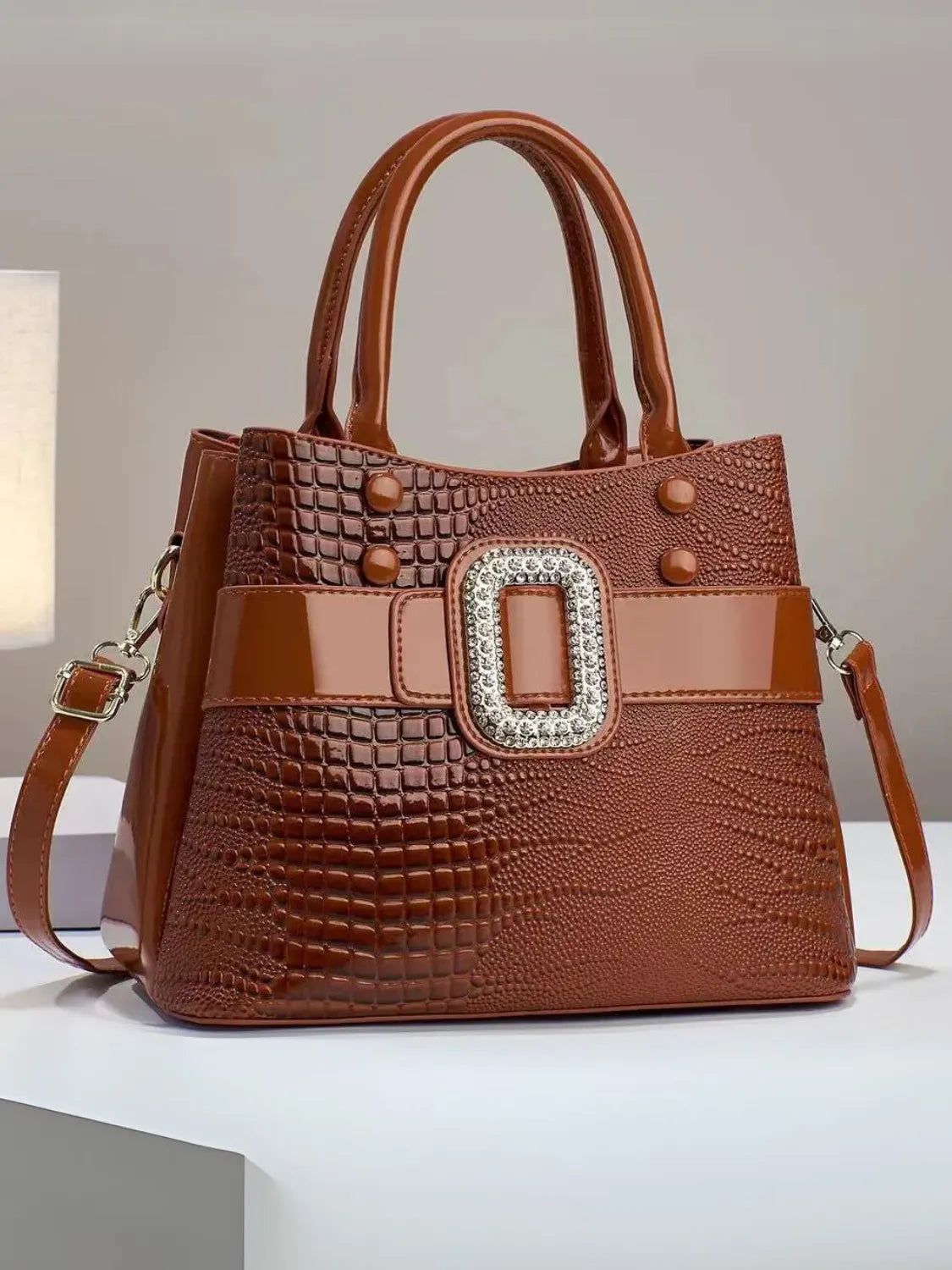 Bolsa Feminina de Ombro em Couro Brilhante com Textura Crocodilo - Tereza [FRETE FULL]