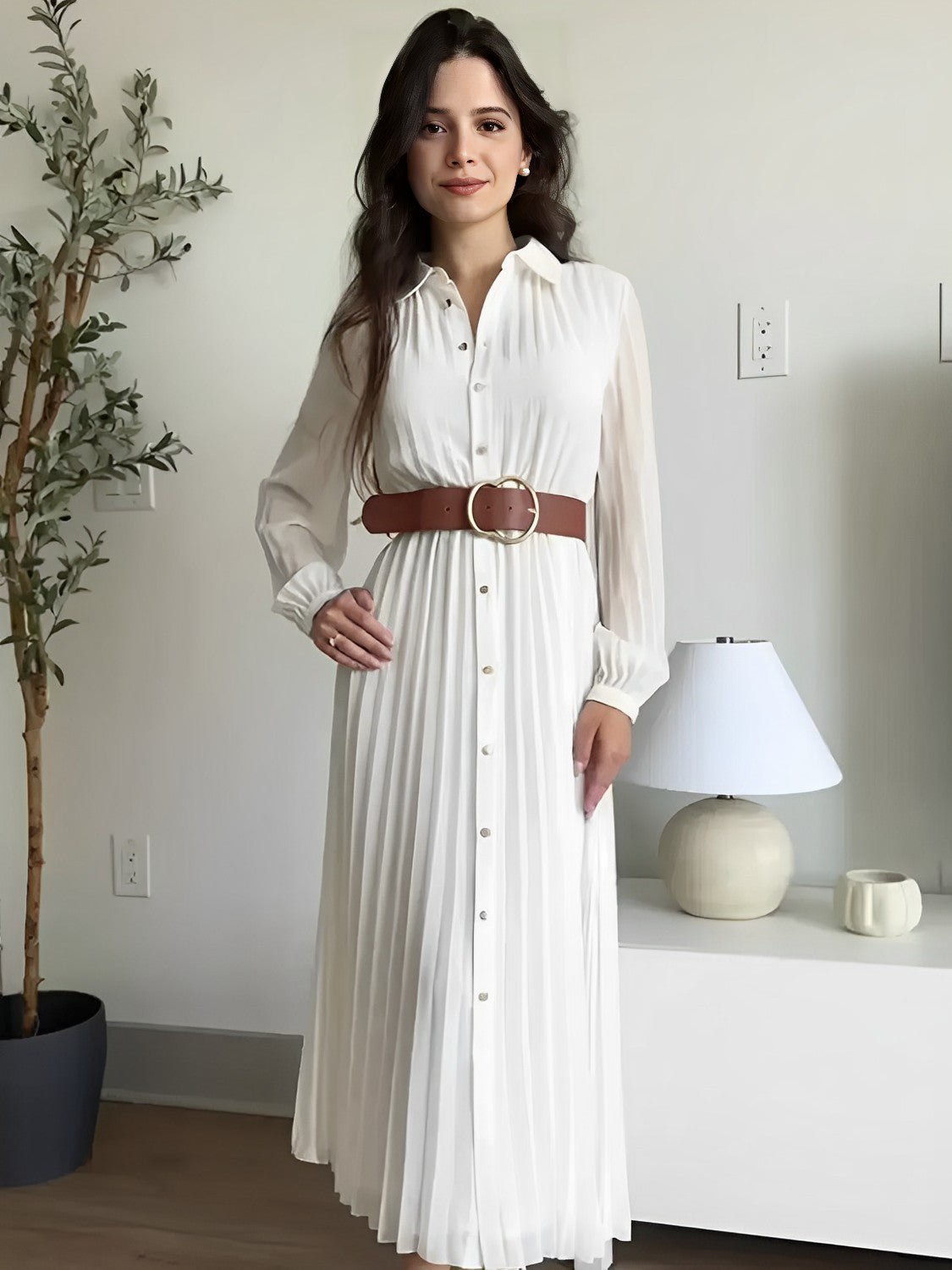 Vestido Chemise Midi Plissado com Botões Frontais – Fleur