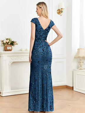 Vestido Longo de Festa Sereia Bordado com Tule e Decote em V – Celeste