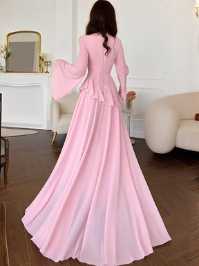 Vestido Longo de Festa em Chiffon com Manga Sino Babado e Amarração - Rubia