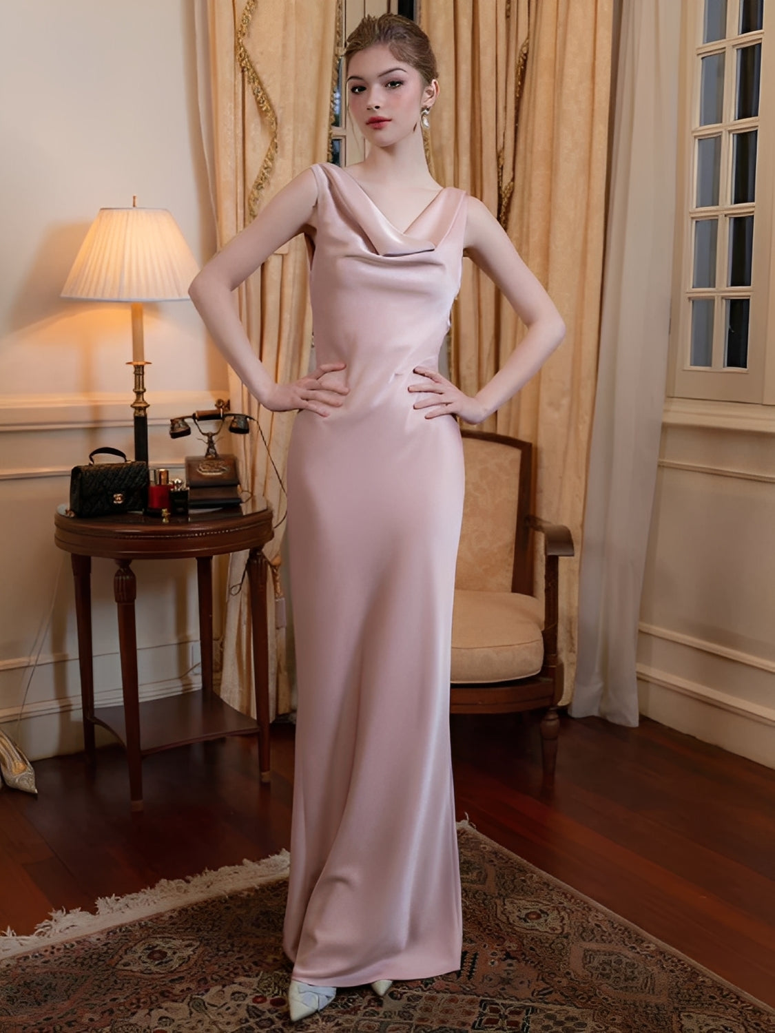 Vestido de Festa Longo Acetinado com Decote Drapeado e Costas Nuas  – Selin [FRETE FULL]