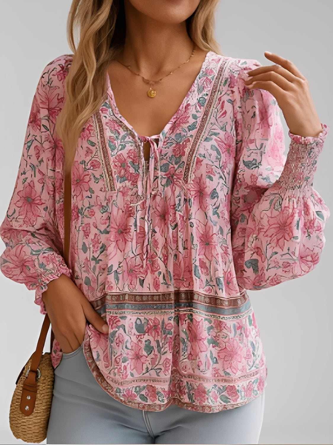 Blusa Boho Floral em Viscose com Decote em V – Flora [FRETE FULL]