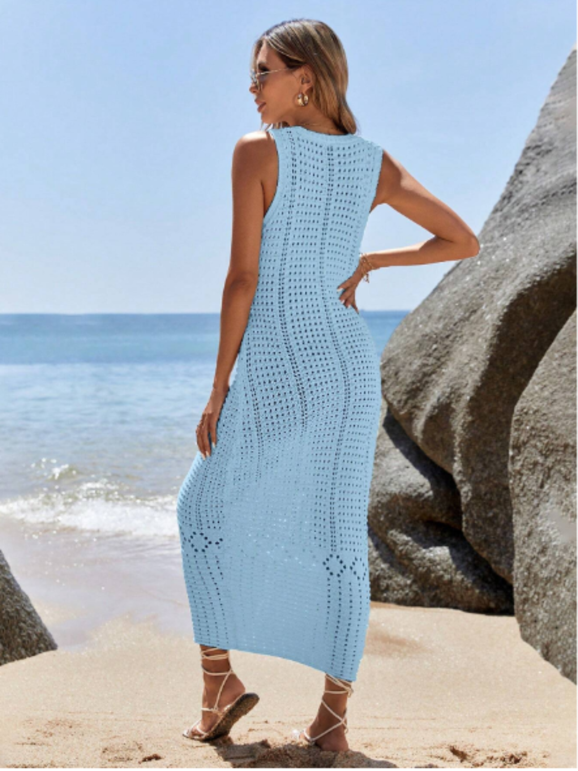 Vestido Midi em Crochê Vazado Com Decote V e Alças Largas – Samantha