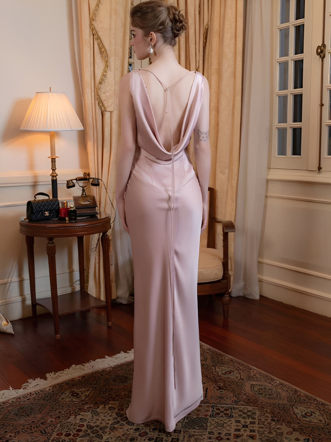 Vestido de Festa Longo Acetinado com Decote Drapeado e Costas Nuas  – Selin [FRETE FULL]
