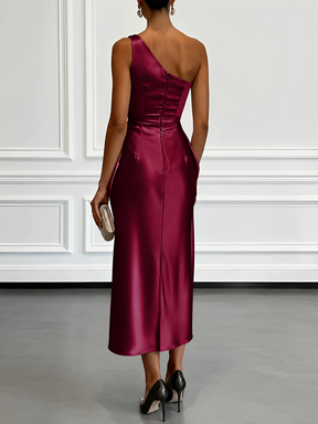 Vestido Midi Acetinado Acinturado com Decote Assimétrico e Drapeado Elegante - Penelope [FRETE FULL]
