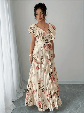 Vestido Longo Floral Plissado com Babados e Faixa-Cinto – Laís