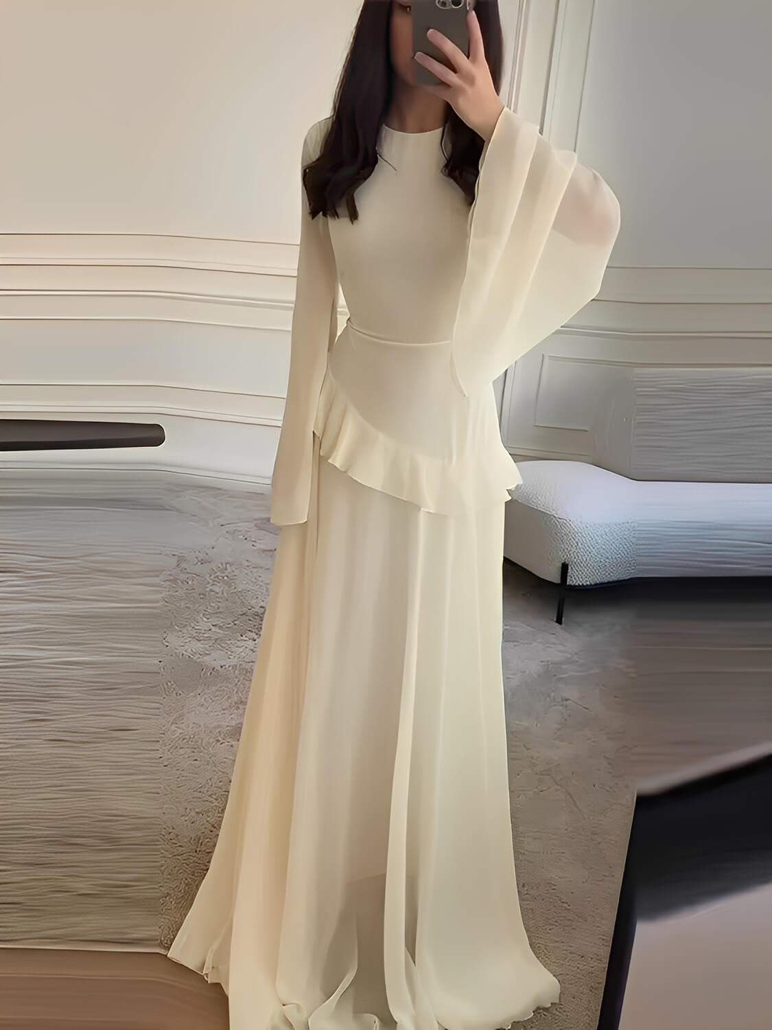 Vestido Longo de Festa em Chiffon com Manga Sino Babado e Amarração - Rubia