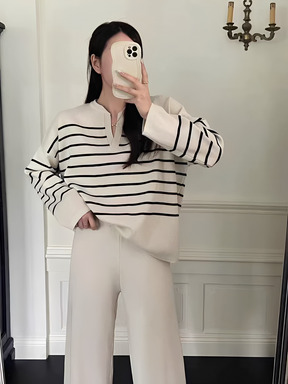 Conjunto em Tricô com Suéter Oversized Listrado e Calça Wide Leg - Caroline