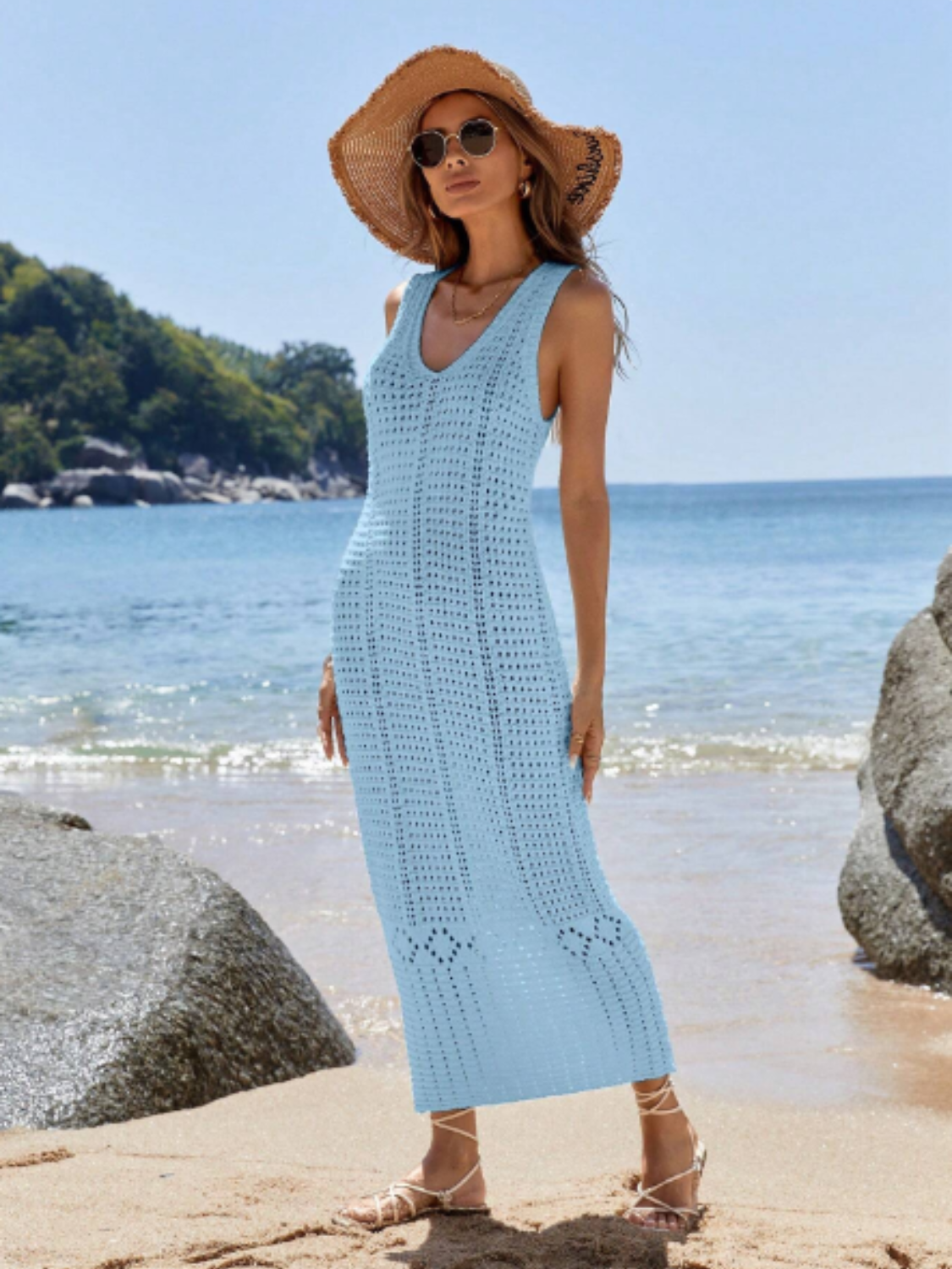 Vestido Midi em Crochê Vazado Com Decote V e Alças Largas – Samantha
