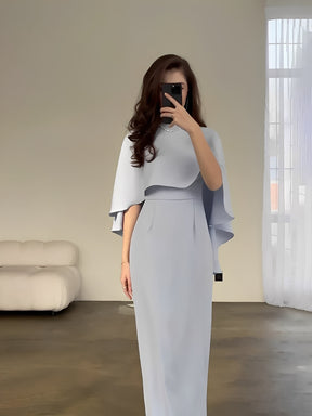 Vestido Longo de Festa Acinturado com Capa Peplum Elegante - Amna [FRETE FULL]