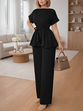 Conjunto Blusa Peplum com Cinto Faixa e Calça Pantalona Elegante - Marian