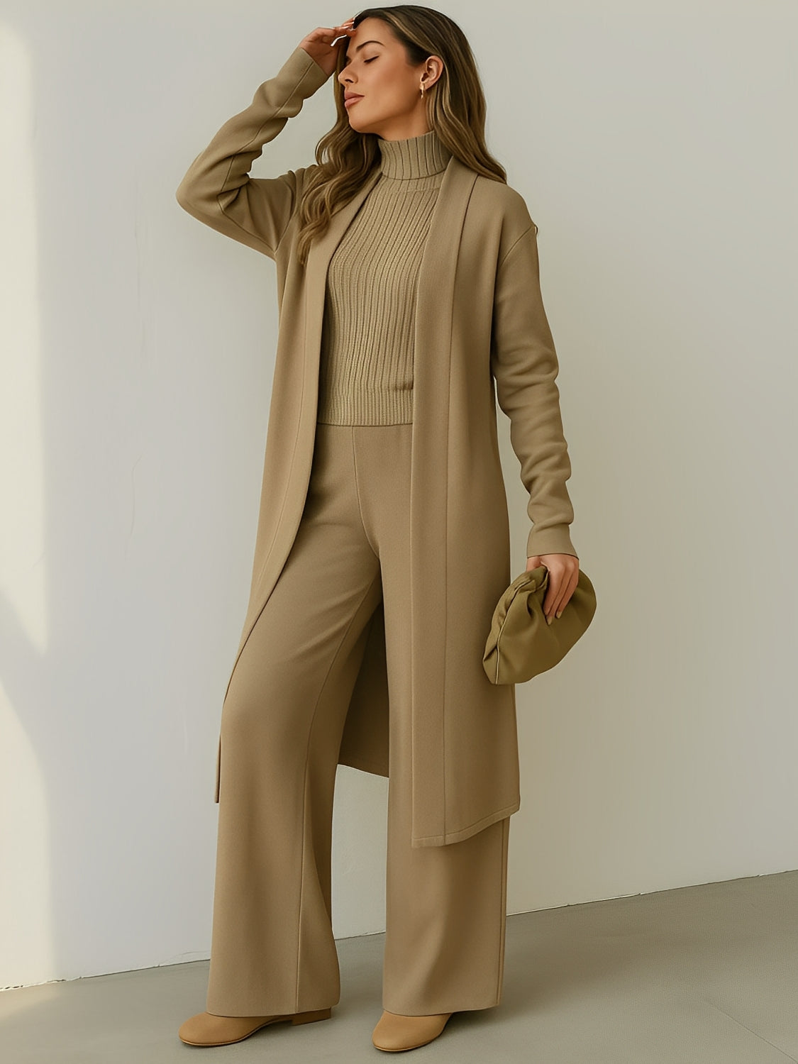 Conjunto 3 Peças com Blusa Canelada  Cardigan e Calça Pantalona - Lolla