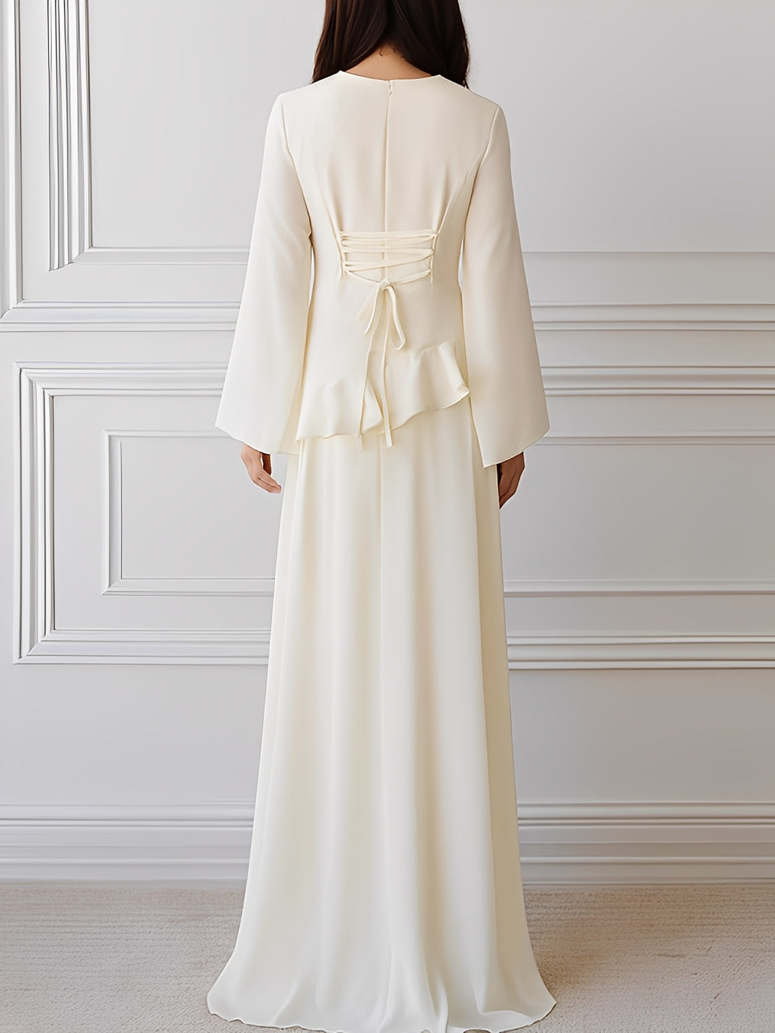 Vestido Longo de Festa em Chiffon com Manga Sino Babado e Amarração - Rubia