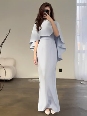 Vestido Longo de Festa Acinturado com Capa Peplum Elegante - Amna [FRETE FULL]