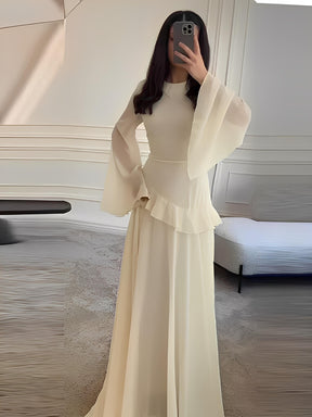 Vestido Longo de Festa em Chiffon com Manga Sino Babado e Amarração - Rubia