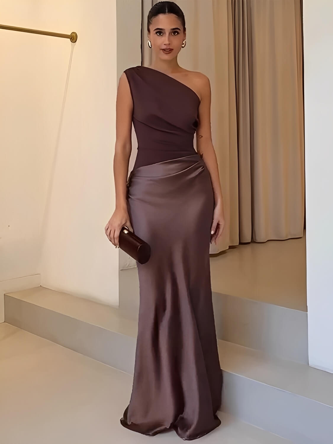 Vestido Longo Acinturado Acetinado Decote Diagonal e Ombro Único – Mirela [FRETE FULL]