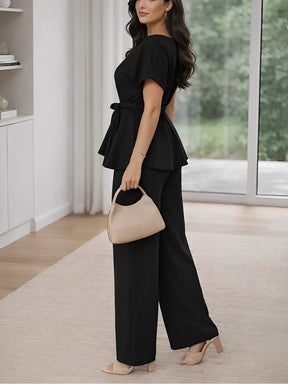 Conjunto Blusa Peplum com Cinto Faixa e Calça Pantalona Elegante - Marian