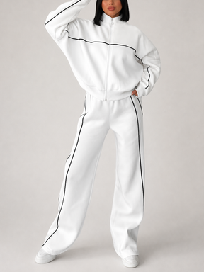 Conjunto Esportivo com Listras Casaco de Zíper e Calça Wide Leg - Pabline