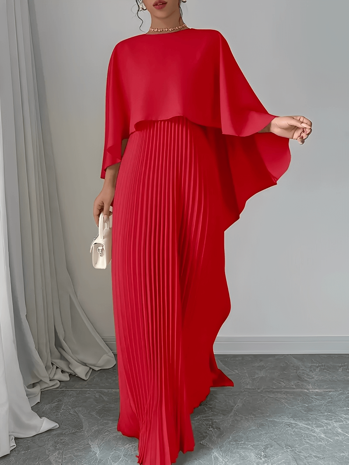 Vestido Longo de Festa Plissado com Capa Peplum Embutida – Loren [FRETE FULL]