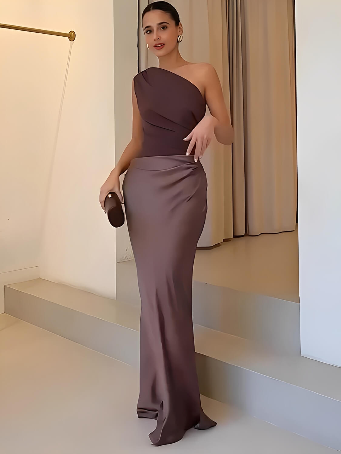 Vestido Longo Acinturado Acetinado Decote Diagonal e Ombro Único – Mirela [FRETE FULL]