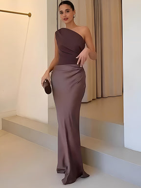 Vestido Longo Acinturado Acetinado Decote Diagonal e Ombro Único – Mirela [FRETE FULL]
