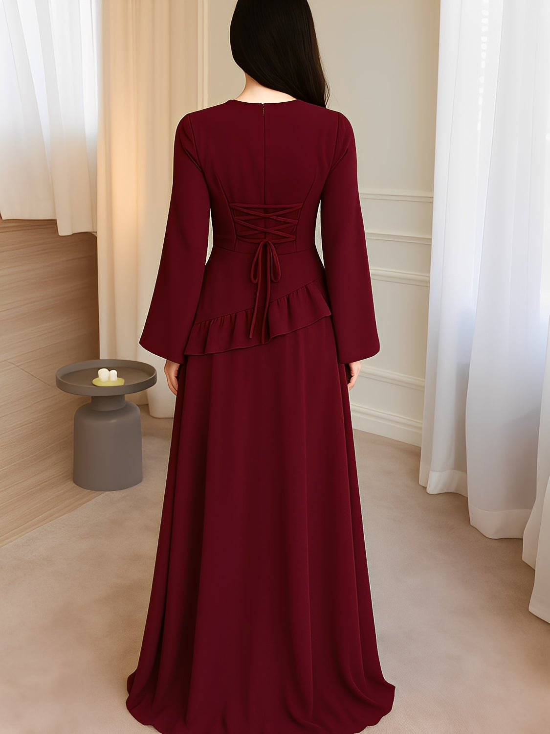 Vestido Longo de Festa em Chiffon com Manga Sino Babado e Amarração - Rubia