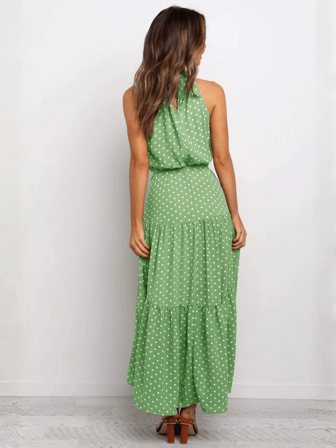 Vestido Midi em Poá Acinturado Decote Halter e Saia em Camadas – Andressa [FRETE FULL]