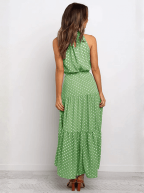 Vestido Midi em Poá Acinturado Decote Halter e Saia em Camadas – Andressa [FRETE FULL]