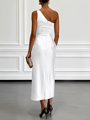 Vestido Midi Acetinado Acinturado com Decote Assimétrico e Drapeado Elegante - Penelope [FRETE FULL]