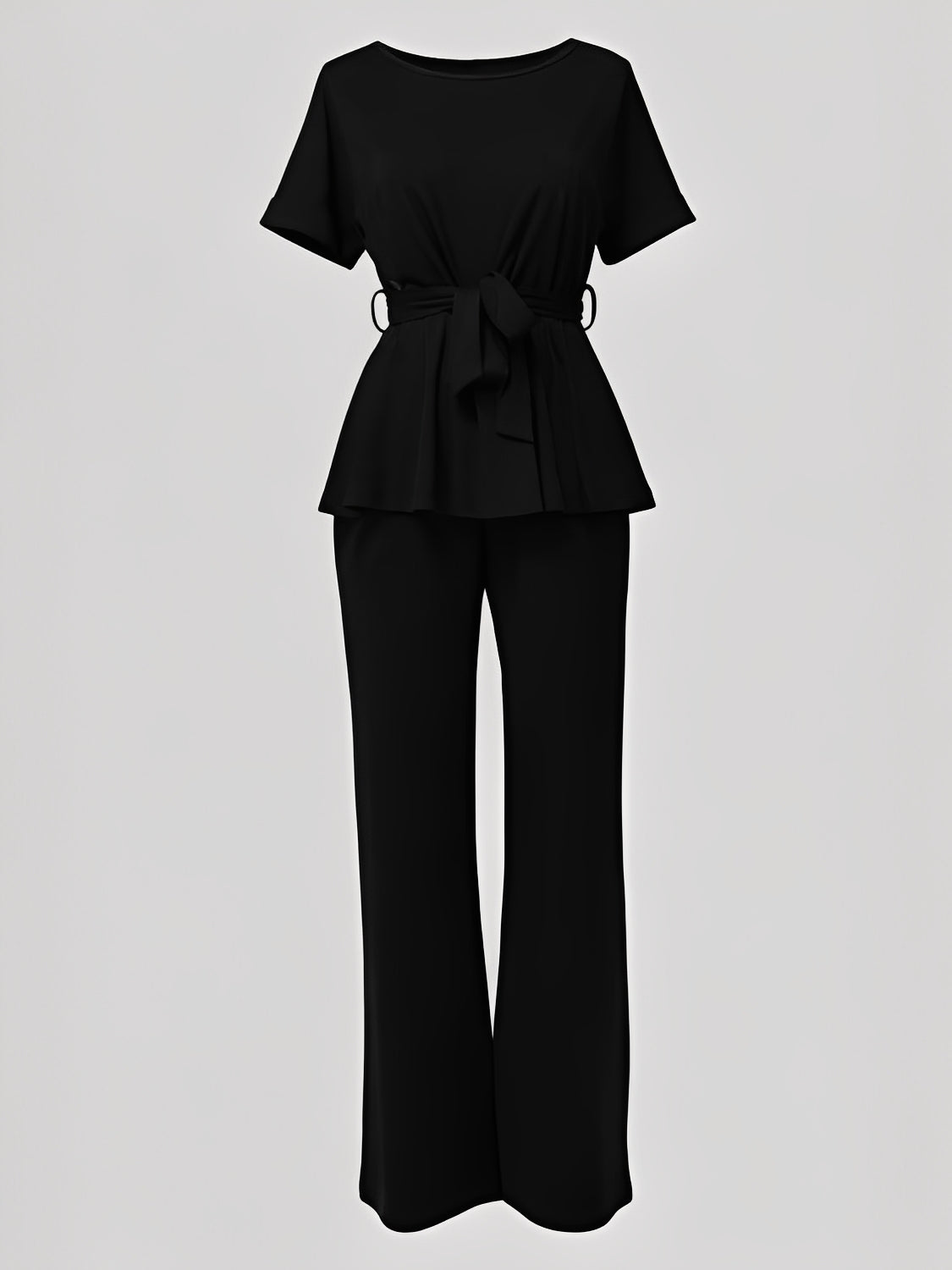 Conjunto Blusa Peplum com Cinto Faixa e Calça Pantalona Elegante - Marian