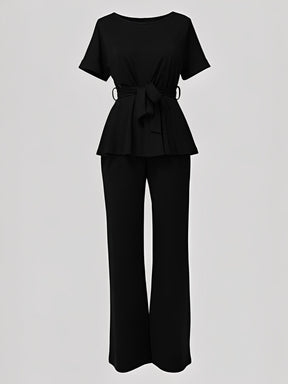 Conjunto Blusa Peplum com Cinto Faixa e Calça Pantalona Elegante - Marian