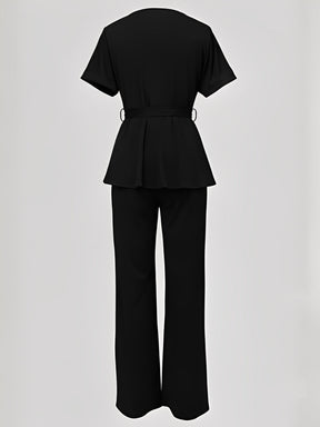 Conjunto Blusa Peplum com Cinto Faixa e Calça Pantalona Elegante - Marian
