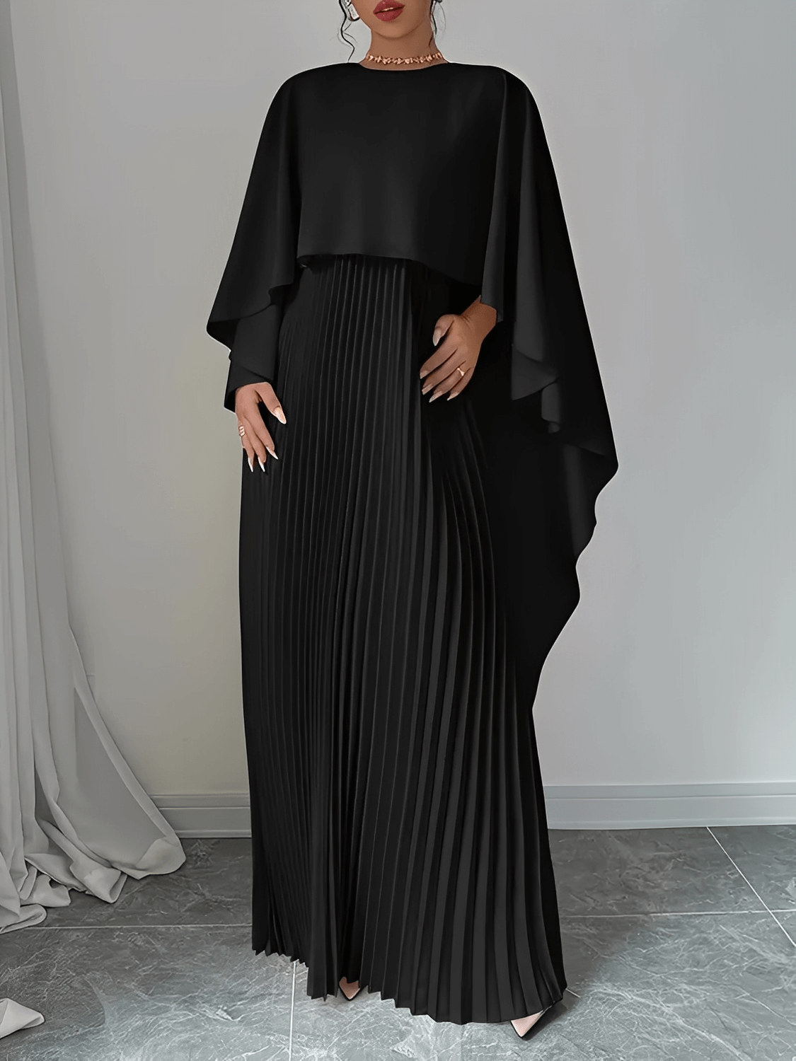 Vestido Longo de Festa Plissado com Capa Peplum Embutida – Loren [FRETE FULL]