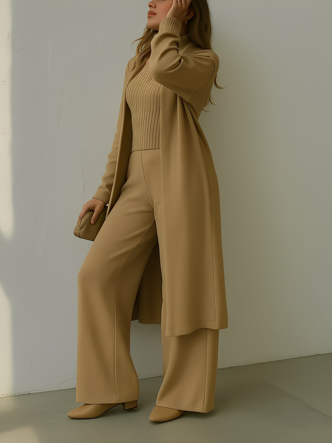 Conjunto 3 Peças com Blusa Canelada  Cardigan e Calça Pantalona - Lolla