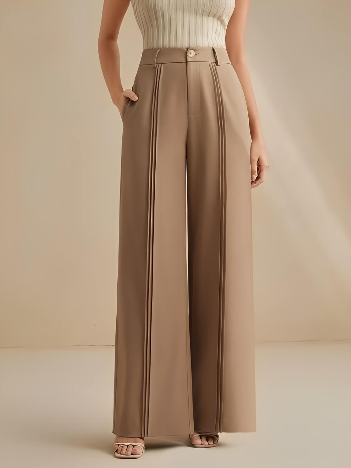 Calça Pantalona de Alfaiataria Cintura Alta com Pregas Verticais – Jade