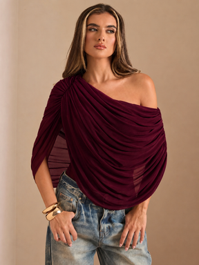 Body Estruturado com Sobreposição Assimétrica em Chiffon Drapeado - Léa