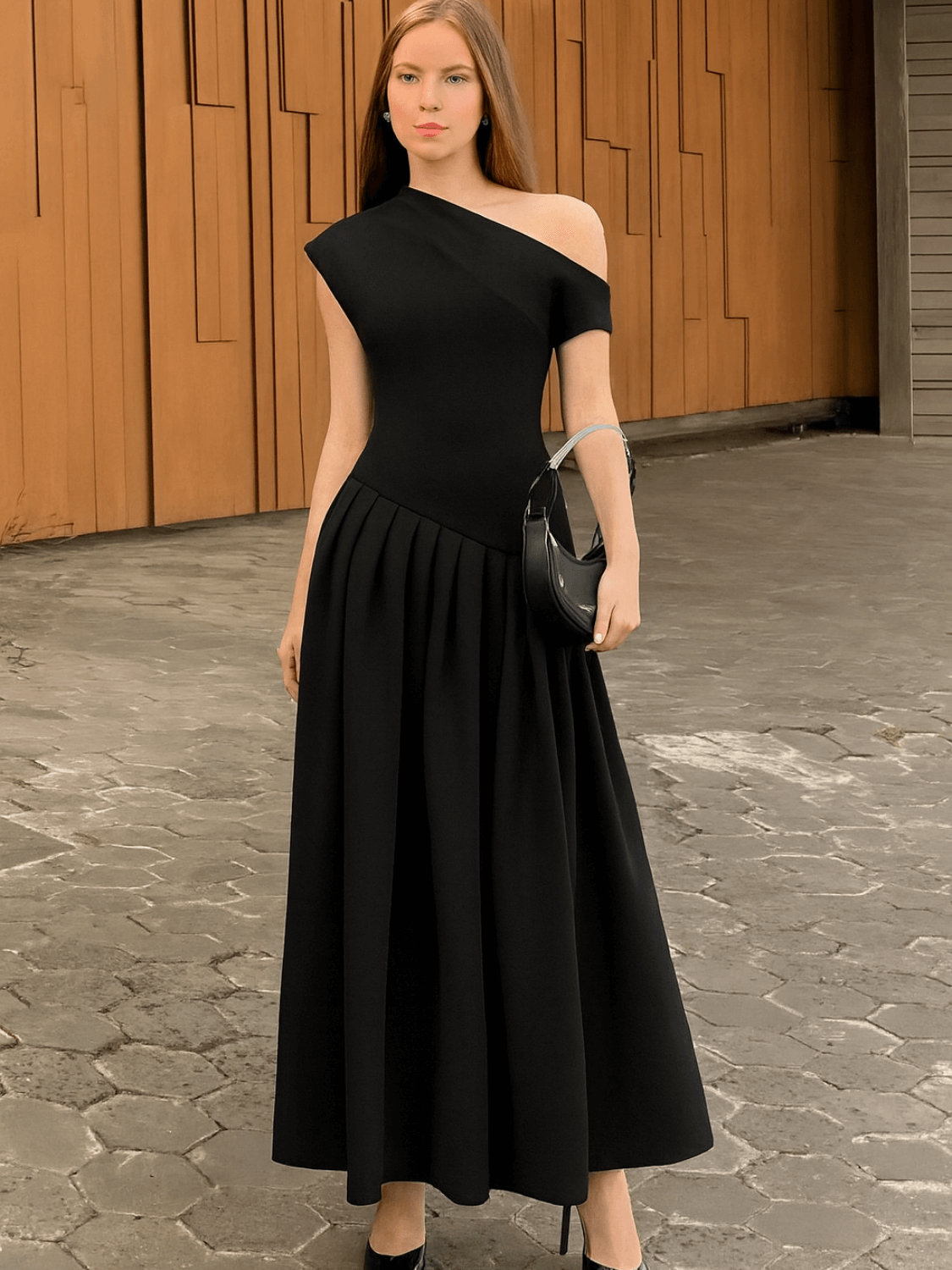 Vestido Maxi com Ombro Assimétrico e Saia Plissada Sofisticada – Luana [FRETE FULL]