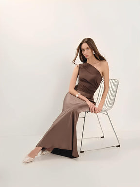 Vestido Longo Acinturado Acetinado Decote Diagonal e Ombro Único – Mirela [FRETE FULL]
