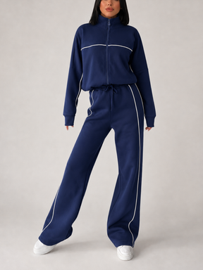 Conjunto Esportivo com Listras Casaco de Zíper e Calça Wide Leg - Pabline