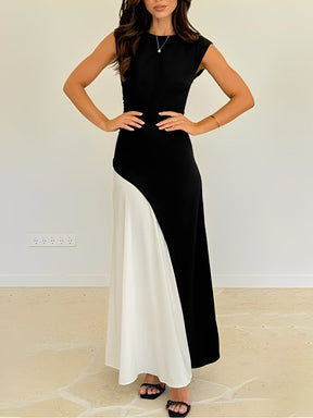 Vestido Longo Sem Mangas com Design Bicolor Diagonal Elegante - Alane [FRETE FULL]