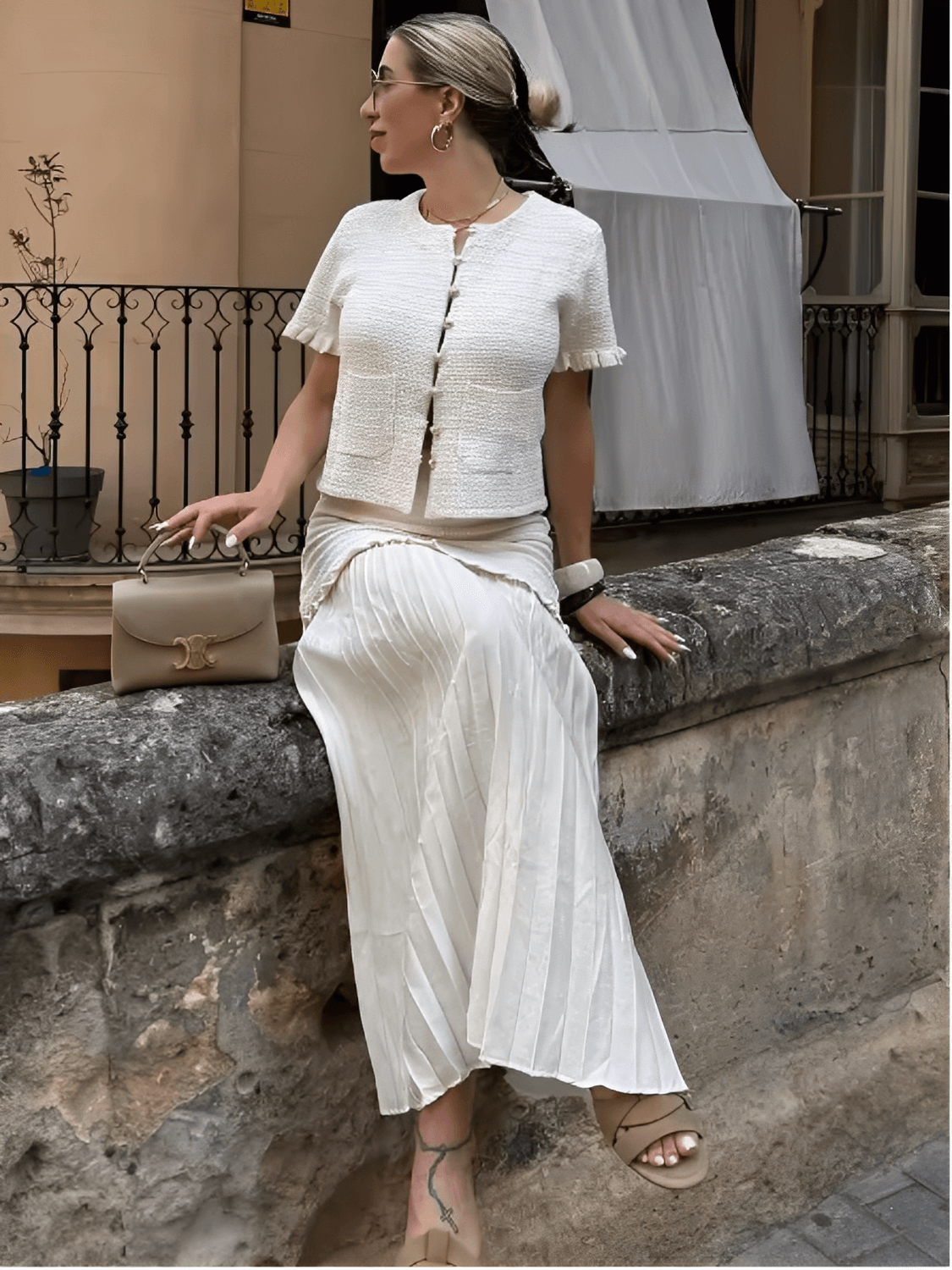 Conjunto Tweed de Blusa com Bolsos e Saia Longa com Duas Camadas - Suiany