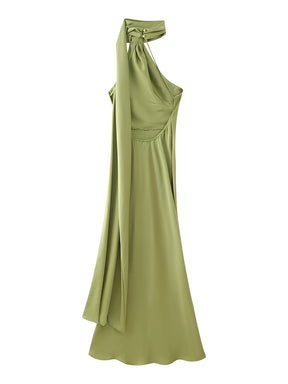 Vestido Longo Acetinado Halter com Capa Lateral e Costas Nuas - Serena [FRETE FULL]