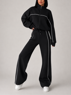 Conjunto Esportivo com Listras Casaco de Zíper e Calça Wide Leg - Pabline