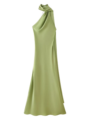 Vestido Longo Acetinado Halter com Capa Lateral e Costas Nuas - Serena [FRETE FULL]